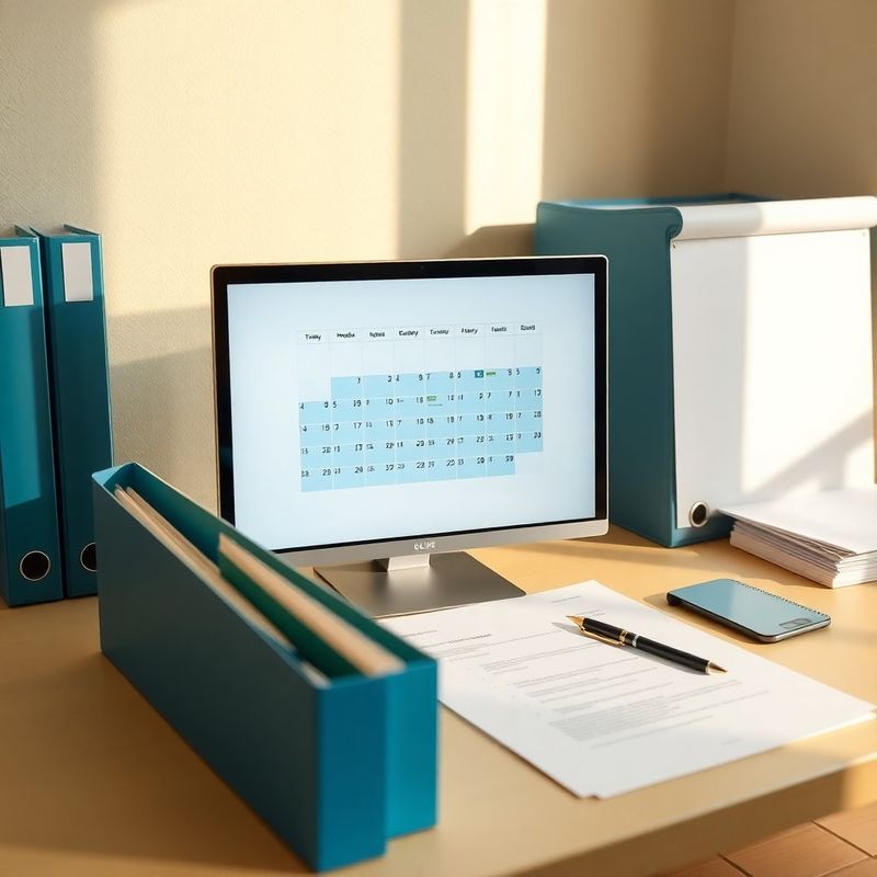 Espacio de trabajo organizado con carpetas y calendario fiscal
